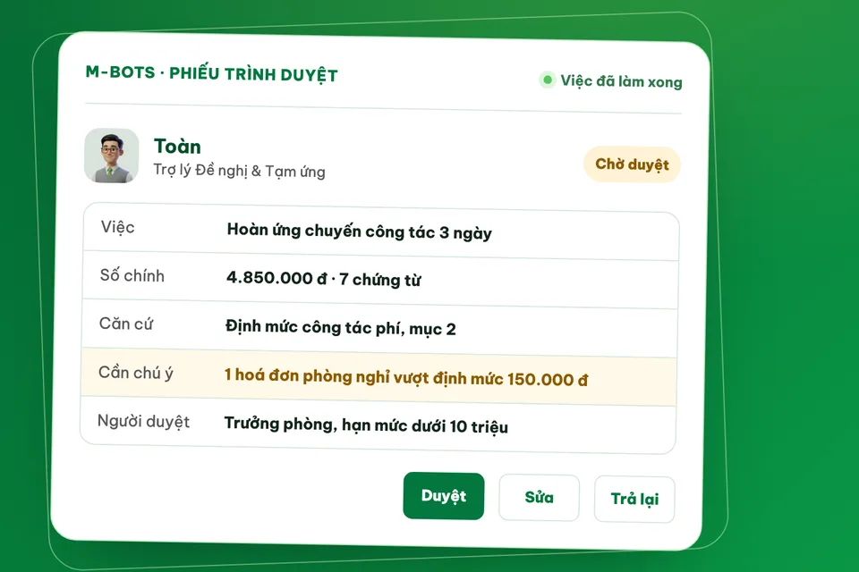 Phiếu trình duyệt do nhân viên AI của Mstar M-Bots lập, chờ trưởng phòng duyệt