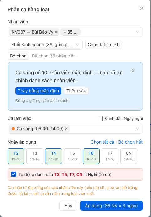 Màn hình phân ca trong Mstar HRM