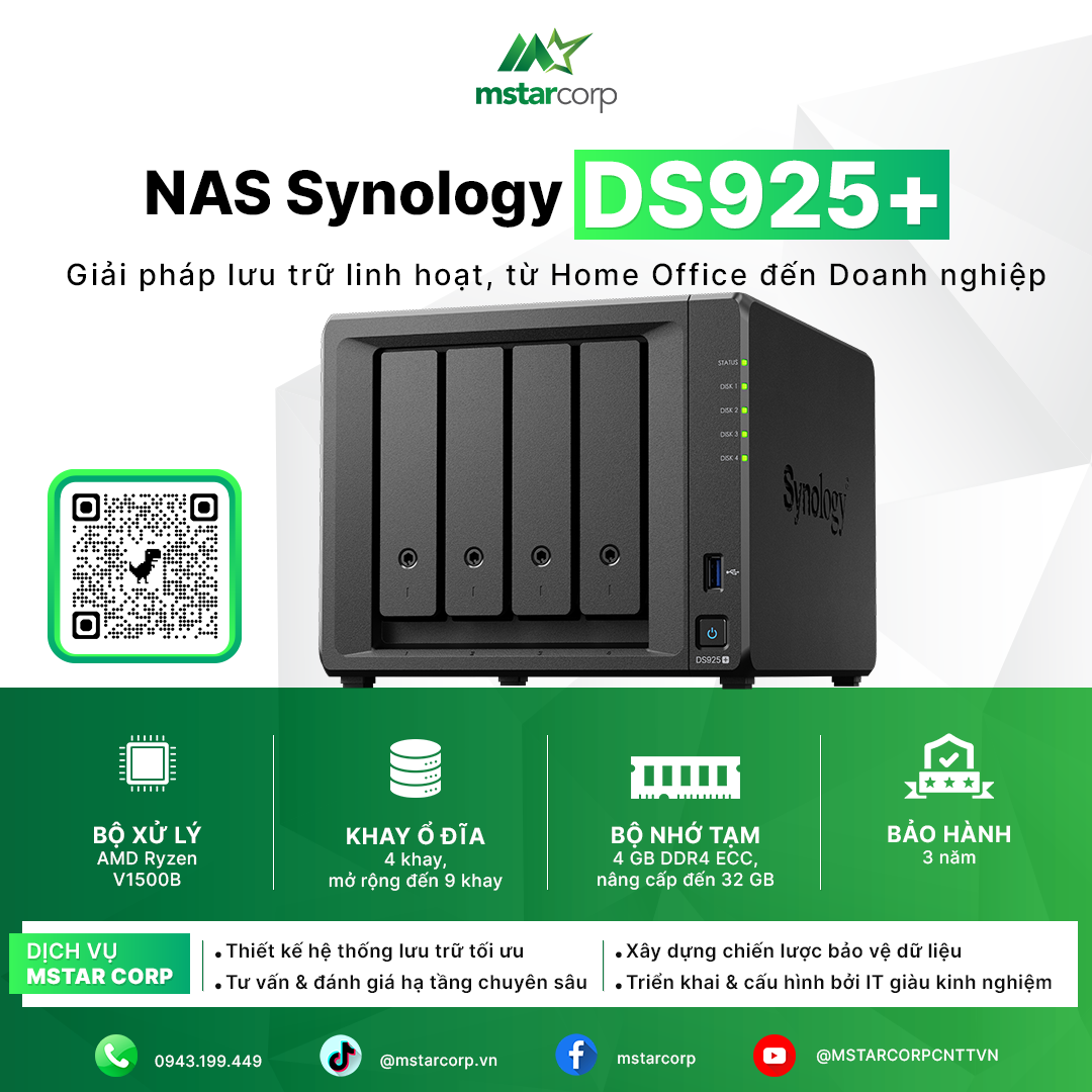 NAS Synology DS925+ – Dòng NAS 4 bay dành cho home office & doanh nghiệp