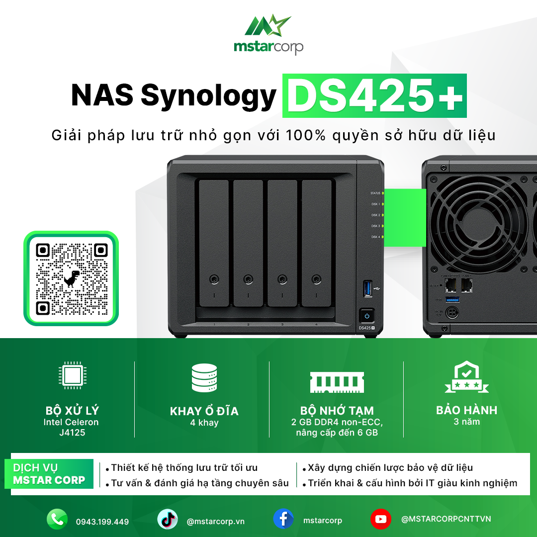 Synology DS425+ – NAS 4 bay lưu trữ tập trung với 100% quyền sở hữu dữ liệu