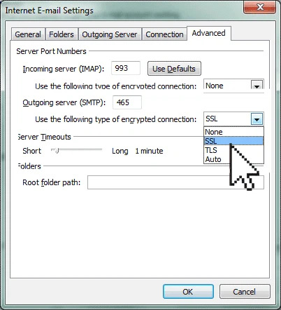 Dùng SSL kết nối với máy chủ Exchange để sửa lỗi Outlook cannot connect to server