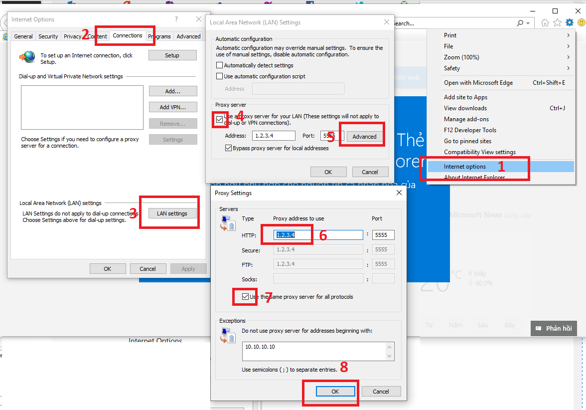 Kiểm tra cấu hình kết nối với Proxy trên máy tính để sửa lỗi Outlook cannot connect to server