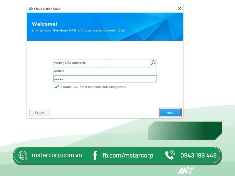 Nhập địa chỉ cho NAS Synology chạy Cloud Station hoặc ID QuickConnect