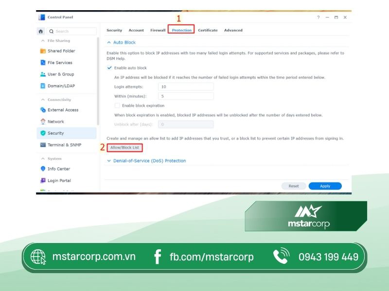 Bước 3 Chuyển sang mục Protection Chọn Allow Block List