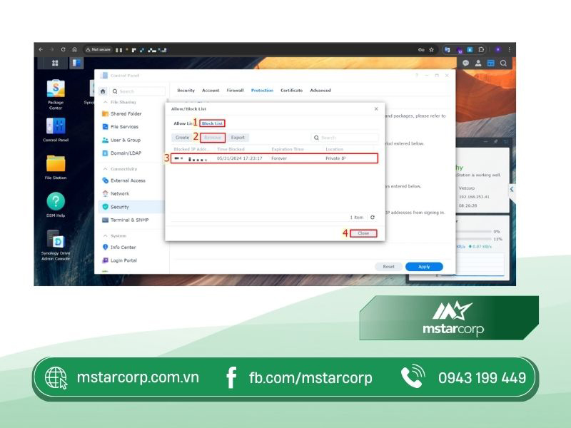 Bước 4 Chuyển qua mục Block List Chọn vào địa chỉ IP bị block chọn Remove chọn Close
