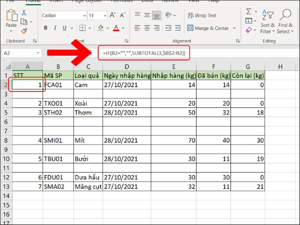 Cách đánh số thứ tự tự nhảy trong Excel bằng hàm SUBTOTAL lồng với hàm IF