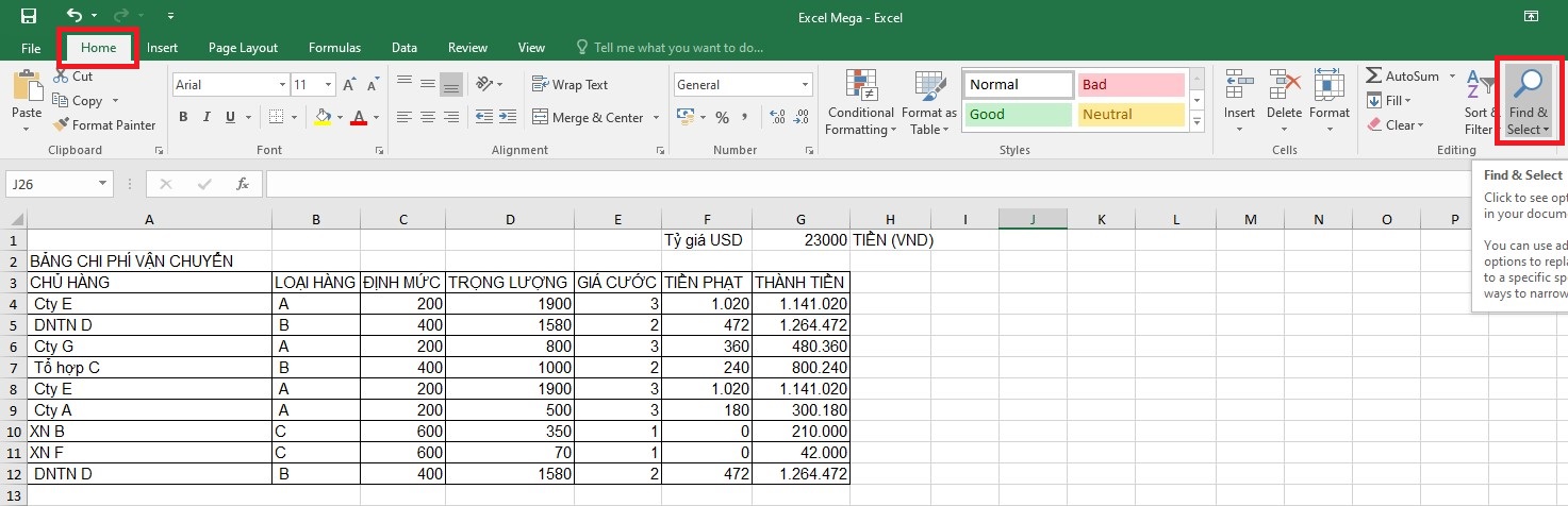 Tìm kiếm trong Excel