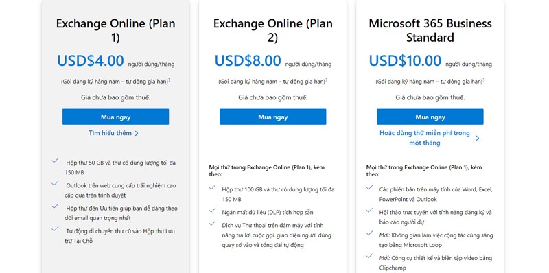 Bảng giá gói Microsoft Exchange Online 