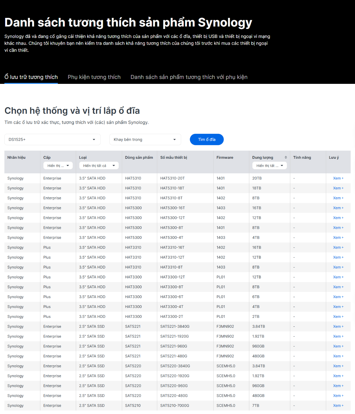 DS1525+ chỉ tương thích với ổ cứng của Synology