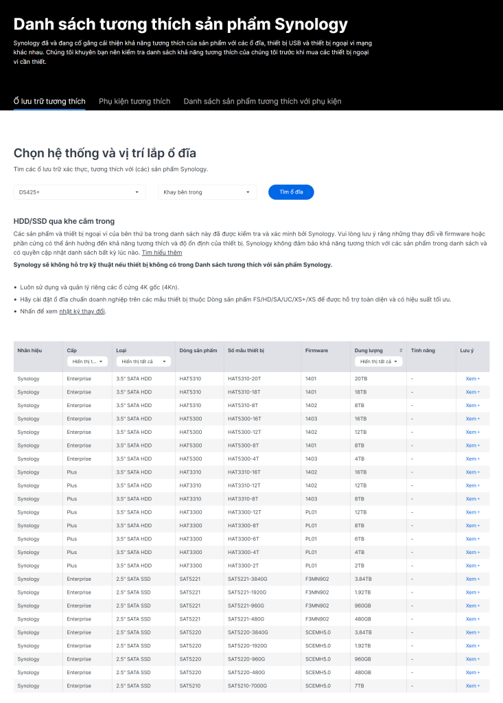 Review DS425+: Khả năng tương thích ổ cứng