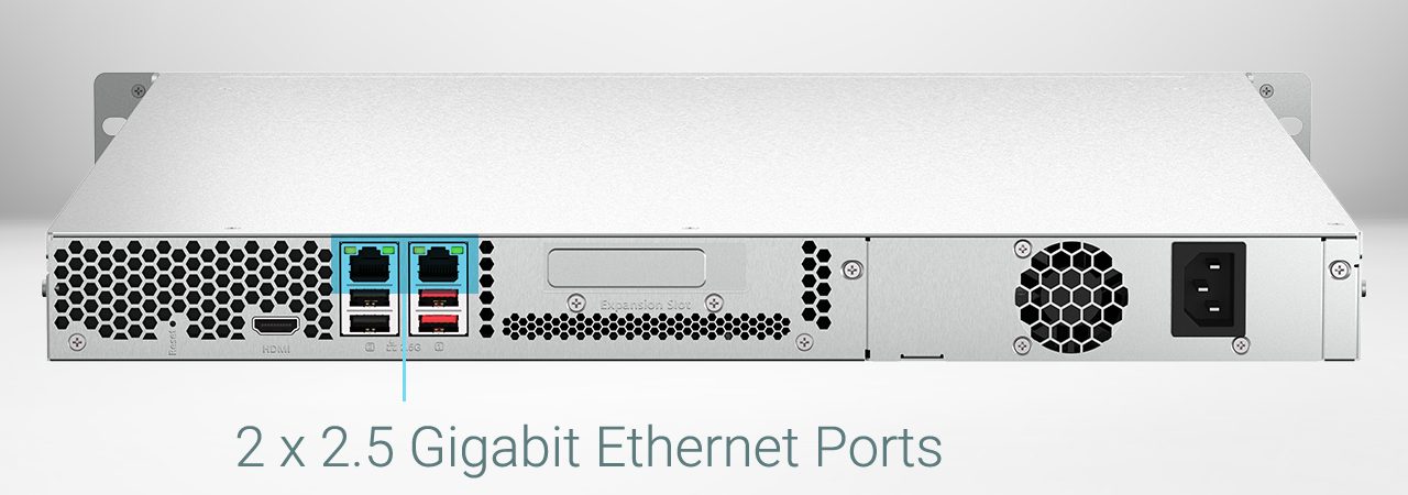 Thiết bị lưu trữ NAS QNAP TS-464U-RP-8G đi kèm với 2 cổng LAN RJ45 2.5GbE