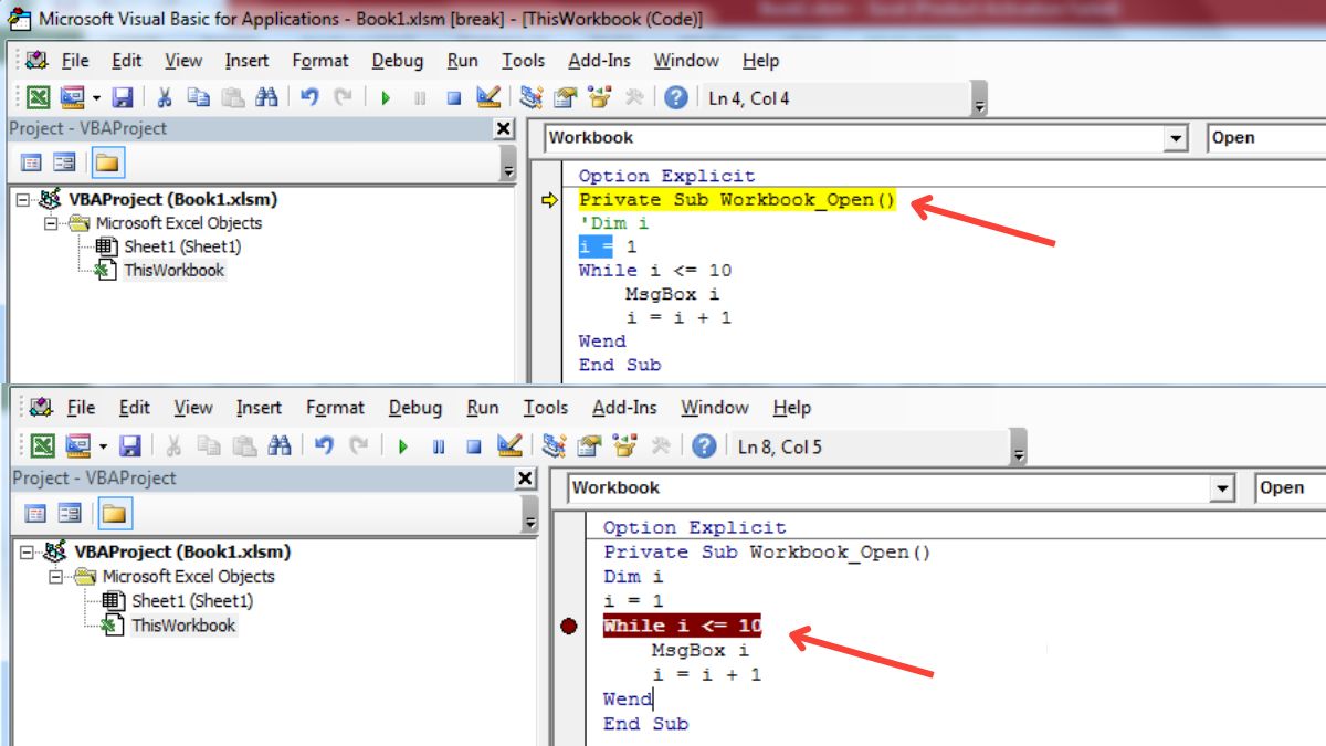 Trình soạn thảo VBA đánh dấu lỗi trực tiếp