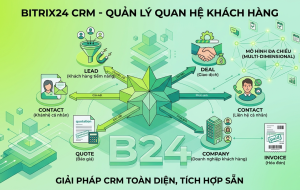 Bitrix24 CRM (Customer Relationship Management) là module quản lý quan hệ khách hàng được tích hợp sẵn trong nền tảng Bitrix24, hoạt động theo mô hình đa chiều (multi-dimensional) với 6 đối tượng cốt lõi: Lead (khách hàng tiềm năng), Deal (giao dịch), Contact (liên hệ cá nhân), Company (doanh nghiệp khách hàng), Quote (báo giá), và Invoice (hóa đơn). Các đối tượng này liên kết chặt chẽ với nhau theo quan hệ cha-con và nhiều-nhiều, tạo nên một bức tranh 360 độ về hành vi và giá trị của từng khách hàng.