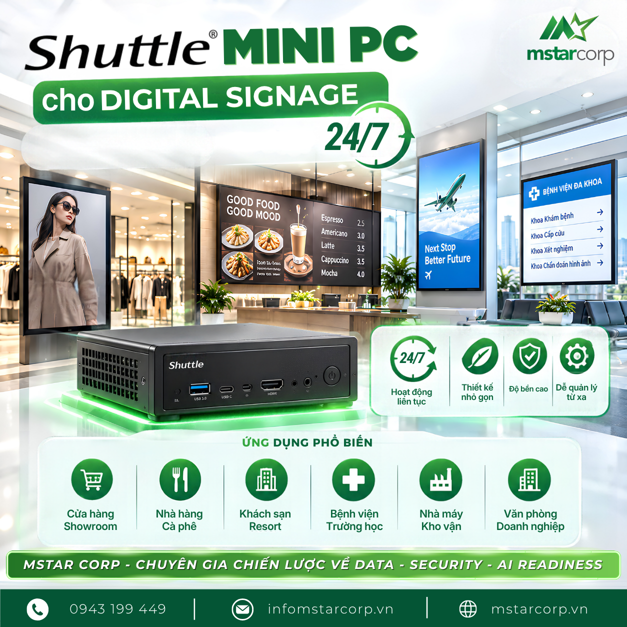 Shuttle Mini PC cho digital signage: màn hình quảng cáo chạy 24/7